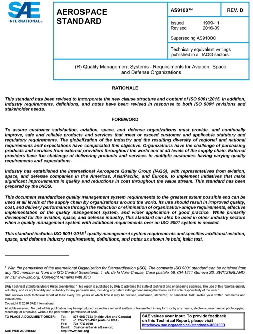 SAE AS9100D Standard PDF